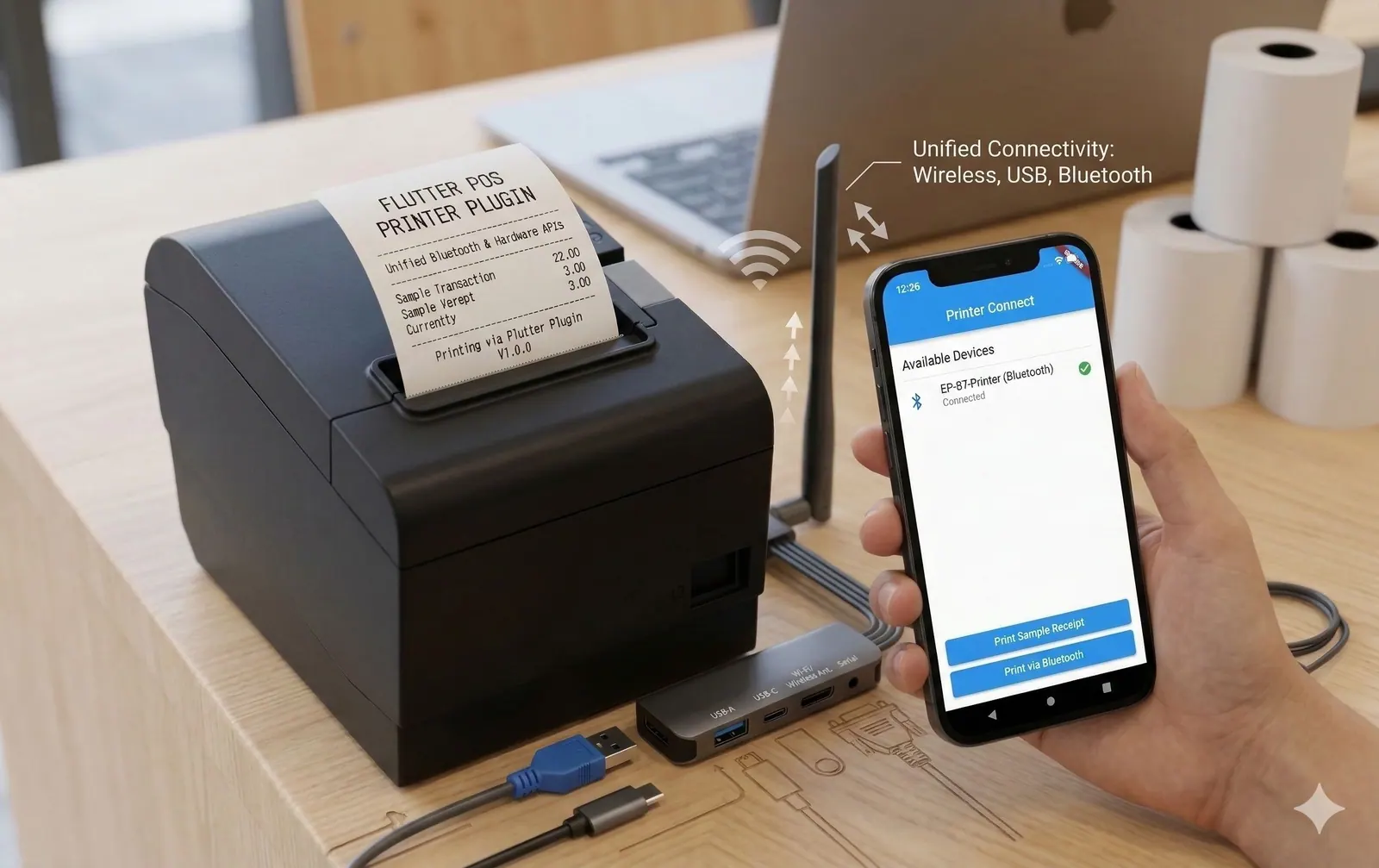 A thermal receipt printer driven from a phone
