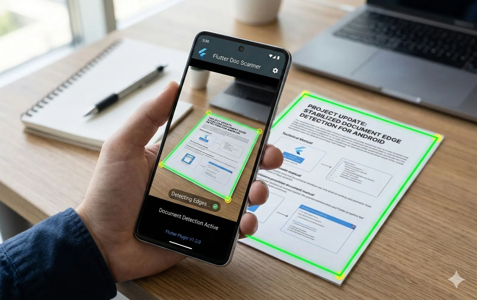 The plugin finding the edges of a document in a phone camera viewfinder