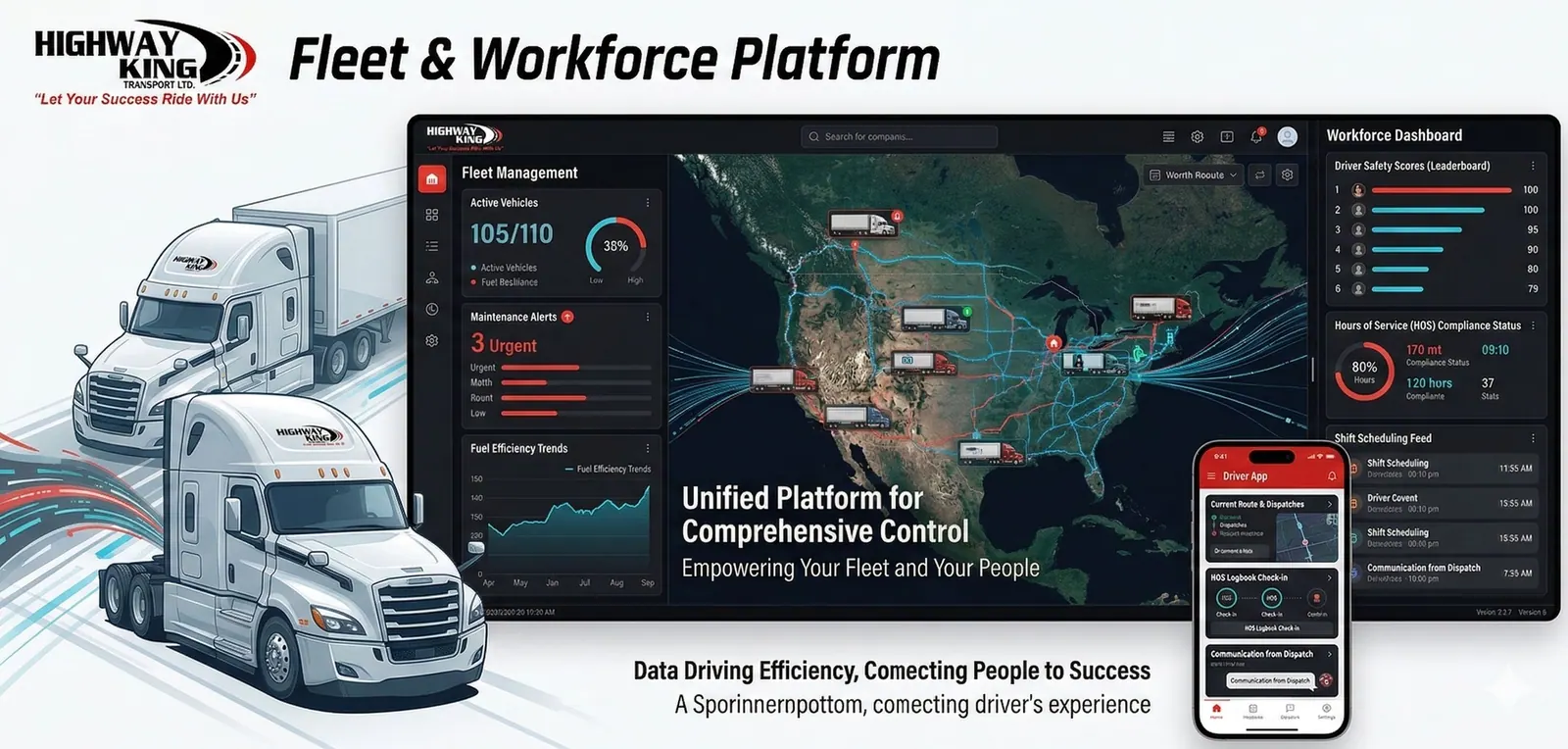 The HighwayKing fleet dashboard and driver app over a live vehicle map